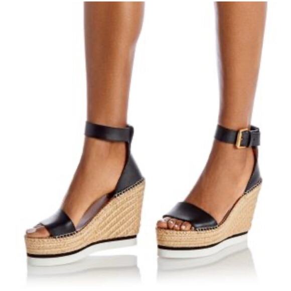 See by Chloe Black Glyn Leather Platform Espadrille Wedge Sandal EU 39 US 9 - Picture 1 of 10